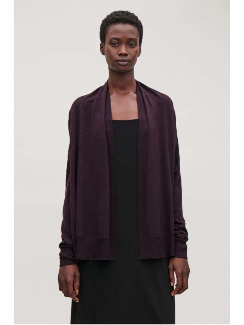 COS Womens Cardigan Sz XS Wool Open Front Cardigan Burgundy Plum Side Button